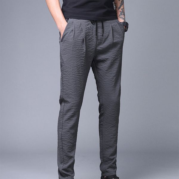 

2020 summer pants men office plus size ice cool breathable loose casual male pencil pants lightweight linen long trousers, Black