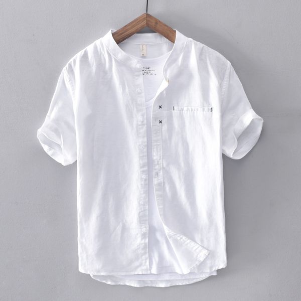 Хлопковая льняная рубашка мужская однотонная с коротким рукавом повседневная тонкая пуговица качество мандарин мужские классические рубашки Camisa Masculina