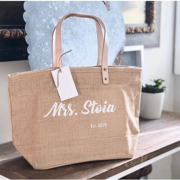 

bachelorette mrs. bag, personalized anytext jute tote bag, custom beach gift for her, bridal totes, bridal shower gift