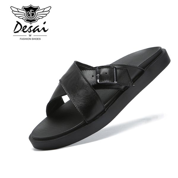 

2020 summer new men's breathable slippers genuine leather sandals fashion shoes men slippers desai flats zapatos de hombre, Black