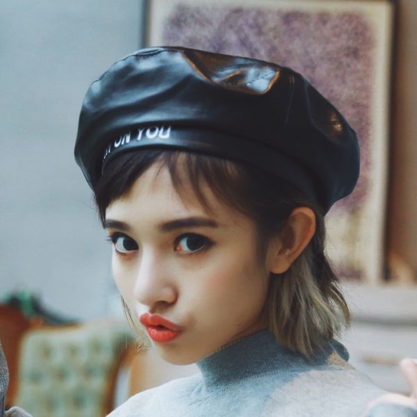 

fashion embroidery letter female pu leather flat warm beret beret warm thickened student all-match fashionable hat children, Blue;gray