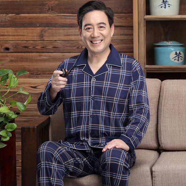 

new autumn pajamas home clothes set long-sleeved cotton men's middle-aged and elderly dad winter extra men's home clothes set, Blue;red