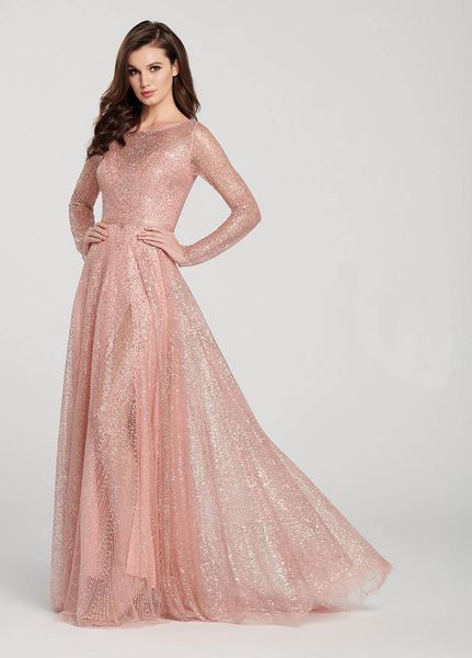 2020 Neueste Glitzer Pailletten Rosa A-Linie Damen Abendkleid Bling Jewel Lange Ärmel Abendkleid Knöchellanges Partykleid Heißer Verkauf