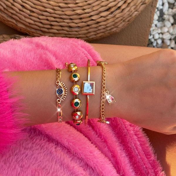 

dvacaman 4 pcs/set women summer bracelets boho lucky eye bracelet green crystal beads chain bracelets gold color metal bangles, Black