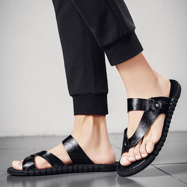 

sandel para slippers summer ete masculina men sandalias safety playa couro sandal shoes male vietnam for heren v man masculino, Black