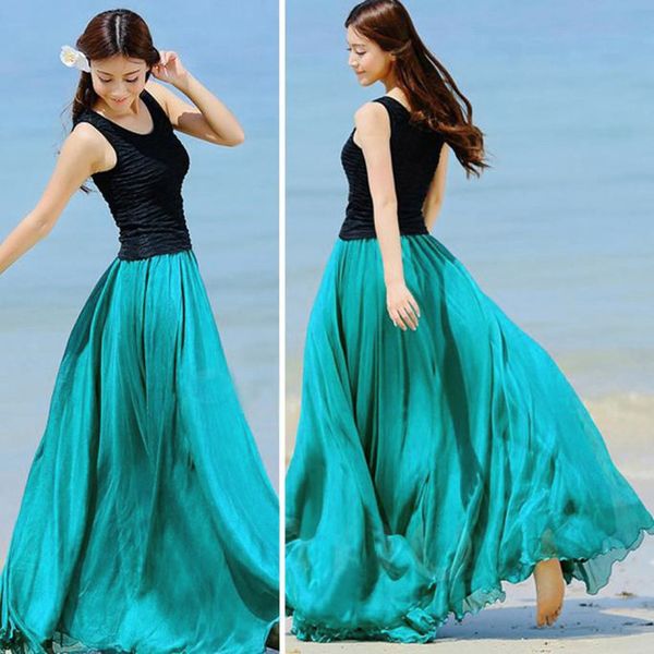 

women chiffon skirts bohemia stretch high waist solid a line long skirt casual pleated maxi skirt faldas saias streetwear t2g, Black