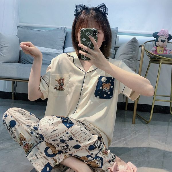 

new women's short-sleeved trousers pajamas home pajamas trousers super cute cartoon cute sweet leisure home clothes women, Blue;red