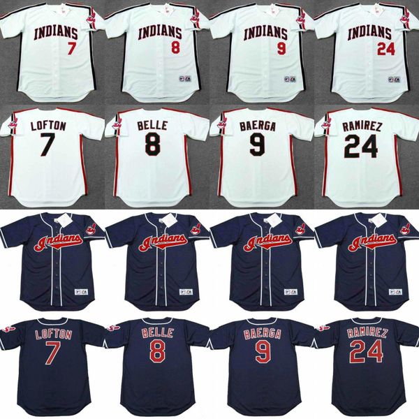 Cleveland 9 CARLOS BAERGA 7 KENNY LOFTON 8 ALBERT BELLE 24 MANNY RAMIREZ 25 JIM THOME maglia da baseball cucita 01