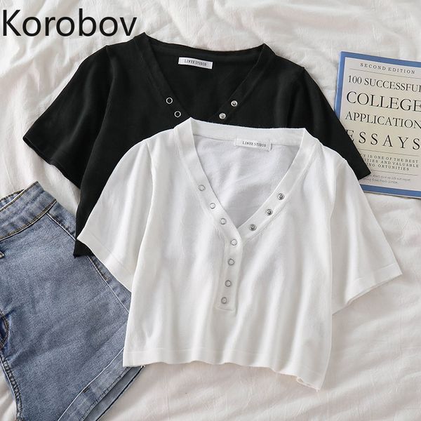 

korobov 2020 summer new fashion button v neck women knitwear korean solid short sleeve crop sweaters streetwear sueter mujer, White;black