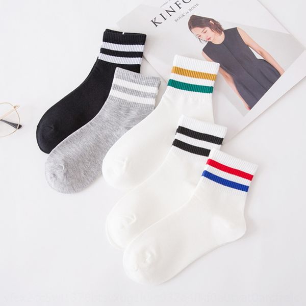 

new women's parallel bar cotton mid-calf socks spring and summer korean stylestyle two-bar sports cotton socks, Black