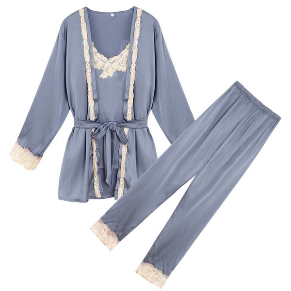 

3pcs sleep set satin bathrobe sleepwear women kimono gown intimate lingerie silky nightgown home clothes lace nightwear, Black;red