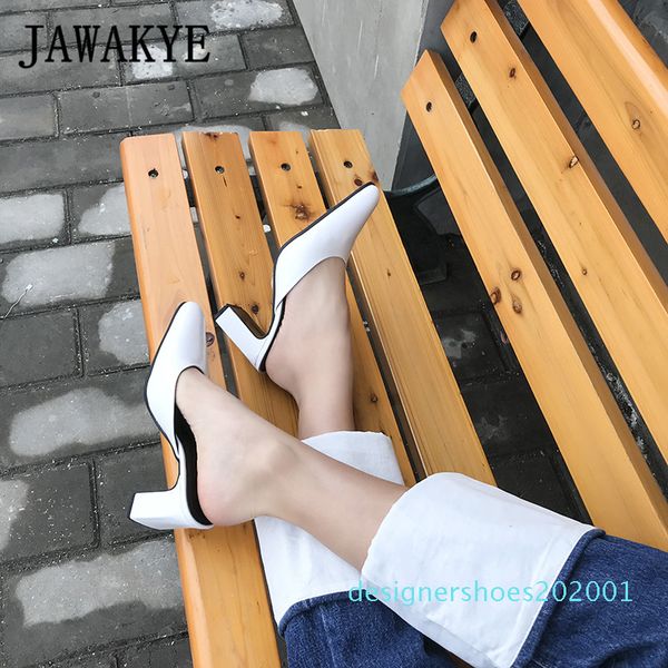 

2019 new arrival white genuine leather square high heel slippers women pointed toe ladies mules outdoor slip on shoes woman cn05, Black