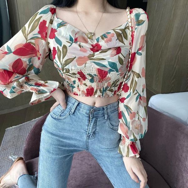 

elegant square collar printed chiffon shirt off-shoulder short slim slimming lantern sleeve shirt women's blouse, White