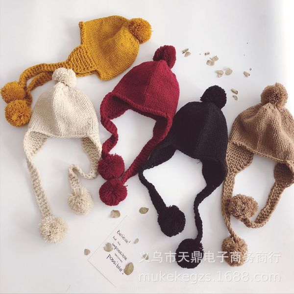 

korean big wool knitted ball braid children's ear protection knitted hat winter handmade baby wool hat, Blue;gray
