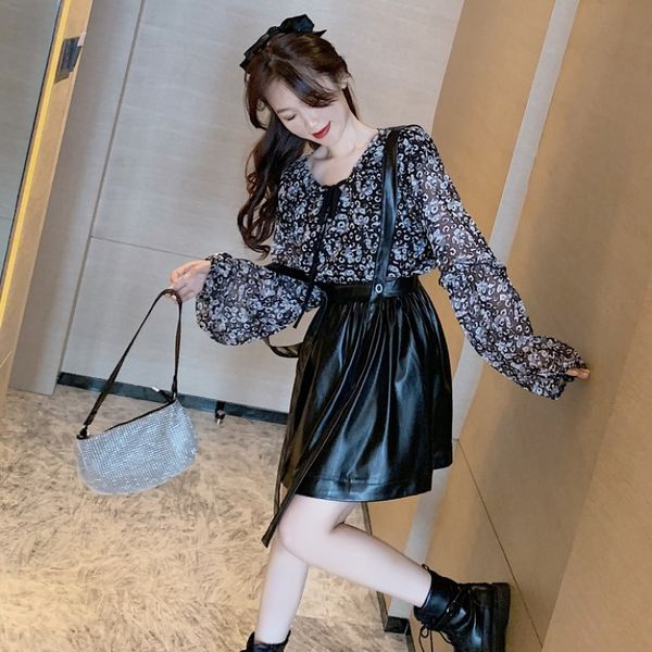 

nana fashion womens dress shop floral temperament shirt all-match slim ageing strap skirt early autumn net red suit, Black