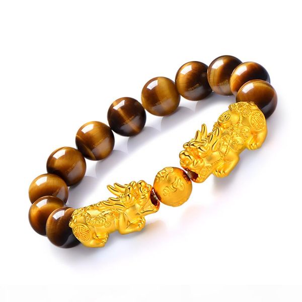 

3d sand gold double pixiu brown tiger eye beads bracelet vietnamese transfer luck men and women's bracelet, Golden;silver