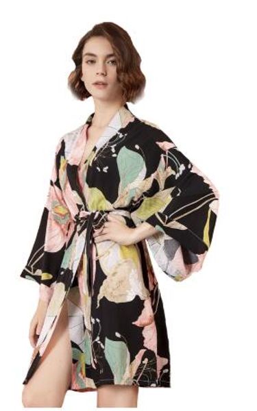 

new sleepwear robe spring thin cotton-silk women nightgown flower printed long-sleeve pajamas bathrobe for female, Black;red