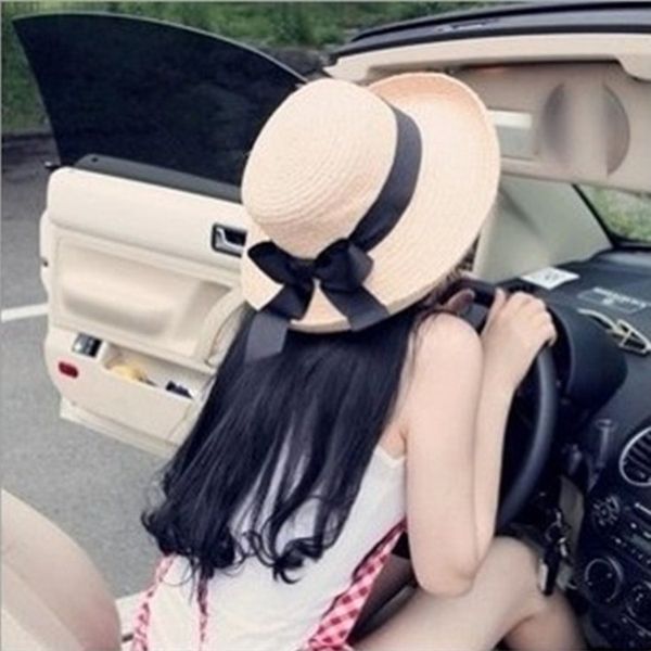 

new korean bow ribbon curled shade female beach casual all-match sun butterfly sun hat sunscreen beach hat, Blue;gray