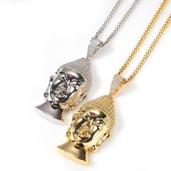 

new gold-plated large buddha head necklace european and american hip-hop copper inlaid zircon domineering high-quality necklace, Slivery;golden