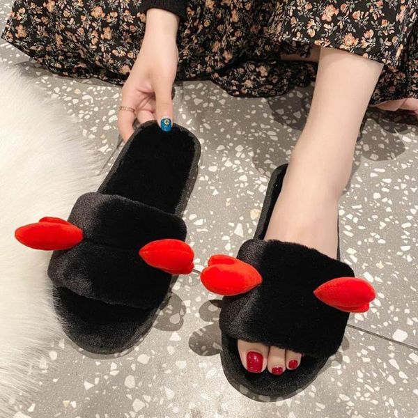 

women winter slippers furry ears plush velvet slippers slides indoor flip flops ladies casual home shoes home soft slipper #3, Black