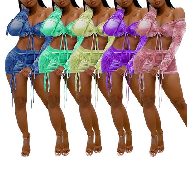 

gym clothing 2pcs ladies short skirt set clothes summer strapless long sleeve lace up crop + ruched mini sportswear, White;black