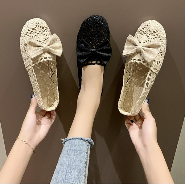

single shoes women 2020 summer hollow lace beanie shoes flat non-slip linen breathable lazy cloth, Black