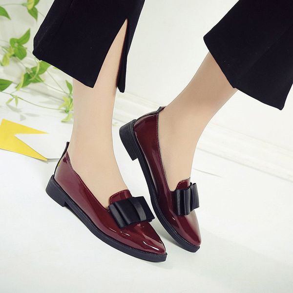 

spring flats women shoes bowtie loafers patent leather elegant low heels slip on footwear female pointed toe thick heel cs01, Black