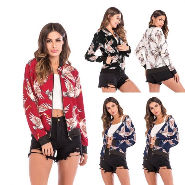 2020 mais novo mulheres jaqueta jaquetas de beisebol impressão Brasão Moda Retro Womens Zipper Up Bomber Jacket jaqueta Casual Brasão Outwear queda bombardeiro