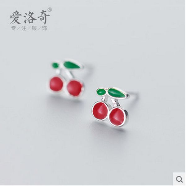 

s925 silver cherry earrings female korean-style cool cute sweet small earrings fashion simple ear jewelry, Golden