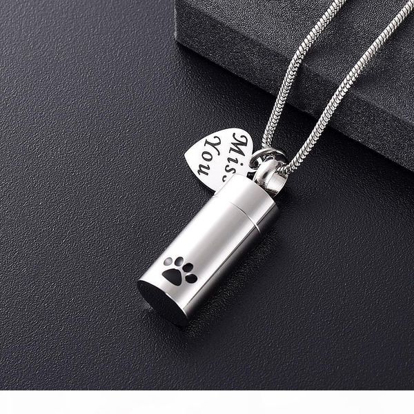 

pet paw cylinder memorial urn necklace & miss you heart charm stainless steel cremation jewelry for pet dog cat engrave, Silver
