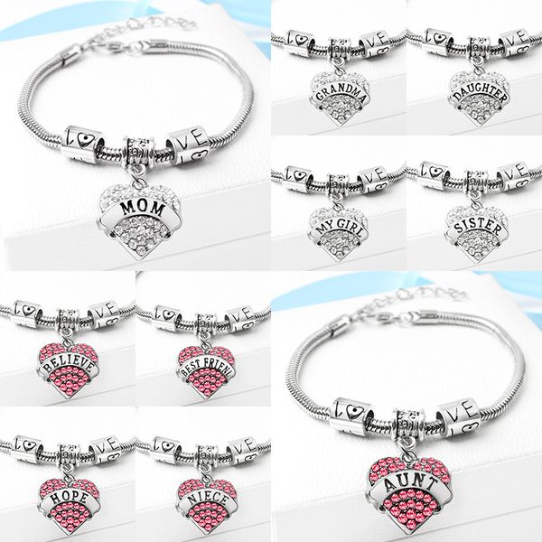 

45 types diamond love heart bracelet mom aunt daughter grandma believe hope friends crystal bracelet will and sandy drop ship, Golden;silver