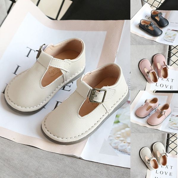 

children' shoes for girls boy anti-slip solid color soft leather shoes flat buckle breath comfort british shoes sandals, Black;grey