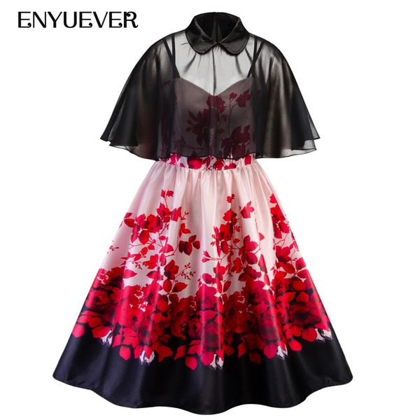 

enyuever vintage dress women 2019 valentine day party cape robe pin up peter pan collar vestidos casual swing rockabilly dress, Black;gray