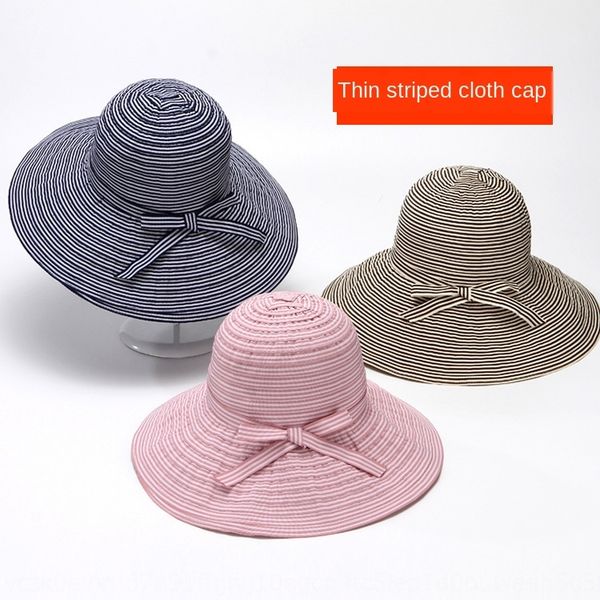 

female foldable beach summer protection butterfly korean sun sun hat big edge cloth hat bow stripe, Blue;gray