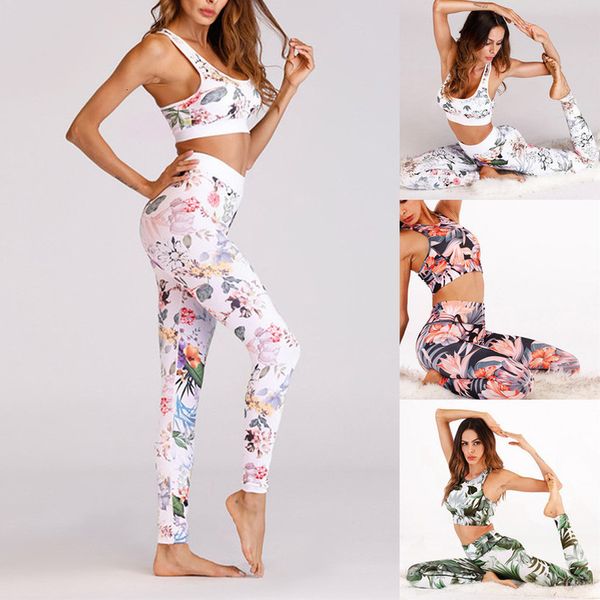 

fashion women flower digital printing vest trousers sports suit pants fitness suit 2pcs set ng, Gray