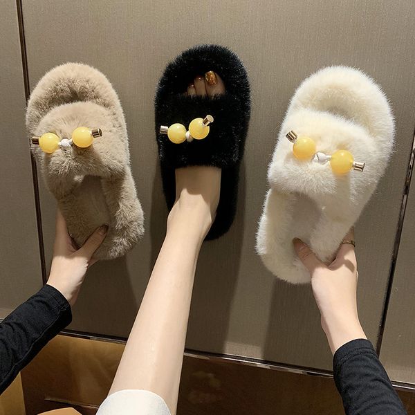 

обувь женщины тапочки flat low fur вьетнамки luxury слайды flock pantofle мягкие плюшевые designer 2020 мода pu ткань basic, Black