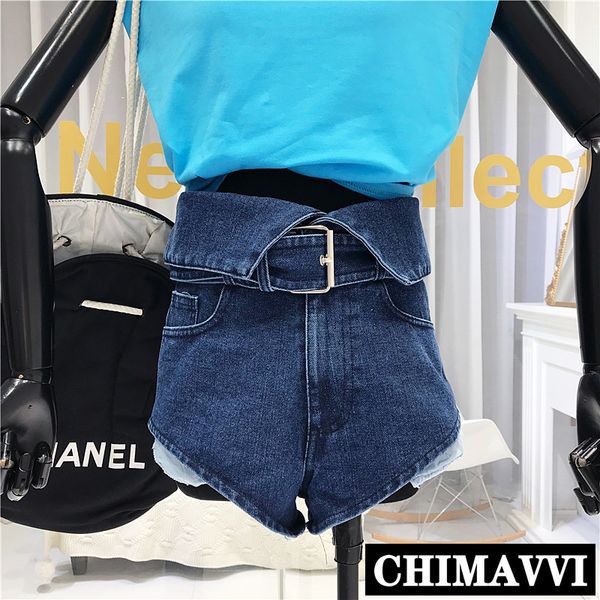 

streetwear denim shorts 2020 summer new lapel waist female retro high waist slimming jeans shorts pants students, Blue