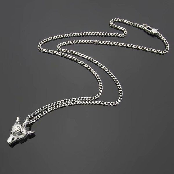 

europe america retro style men lady women brass silver plated lovers long necklace with engraved pattern g letter wolf head pendant