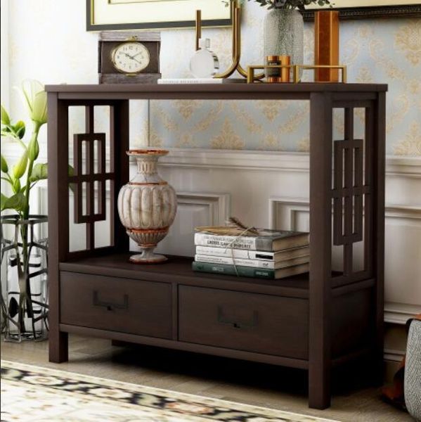 

console sofa table with two bottom drawers, farmhouse narrow sofa table for entryway (espresso