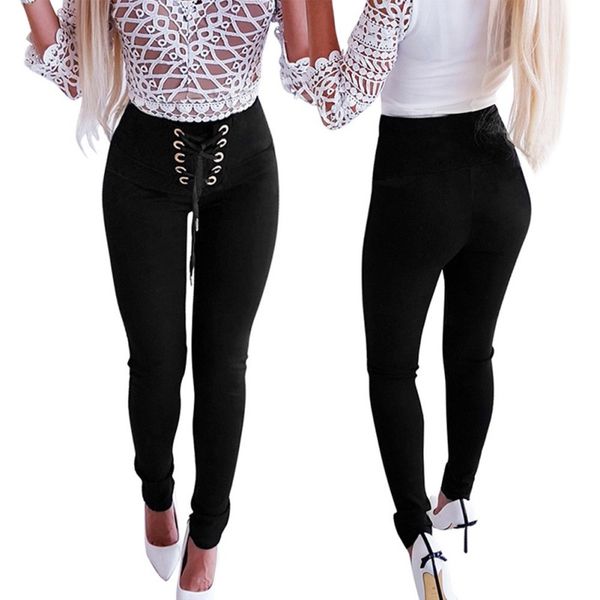 

black casual high waist women pants spring autumn lace up solid pencil long pants female slim fit trousers 2020 new, Black;white