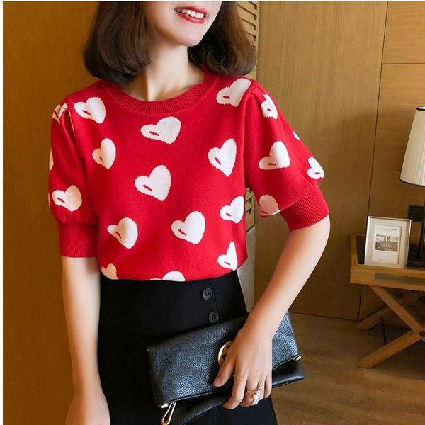 

short sleeve knitted t- 2020 fashion new loose fashion sweet all-match t-shirt love bubble sleeve base shirt, White;black