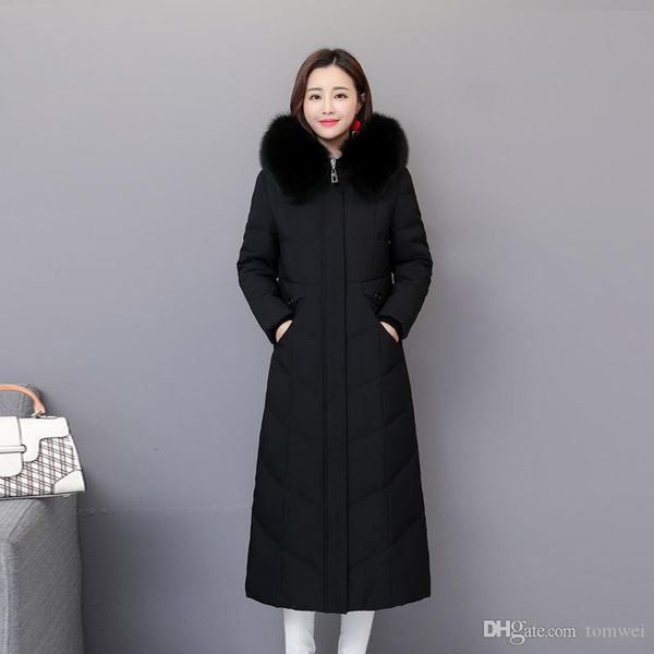 

women's down jacket long thick white duck down coats winter parkas hooded large fur collar 2018 big size l-4xl 5xl overcoat, Black