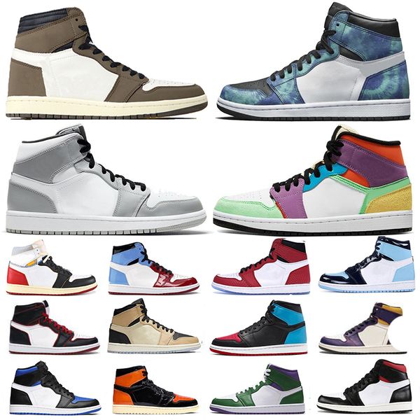 

2020 новый высокий трэвис скотт 1 1s mens баскетбол обувь бесстрашным banned черный toe желтый gym red unc tie dye спорт кроссовки, White;red