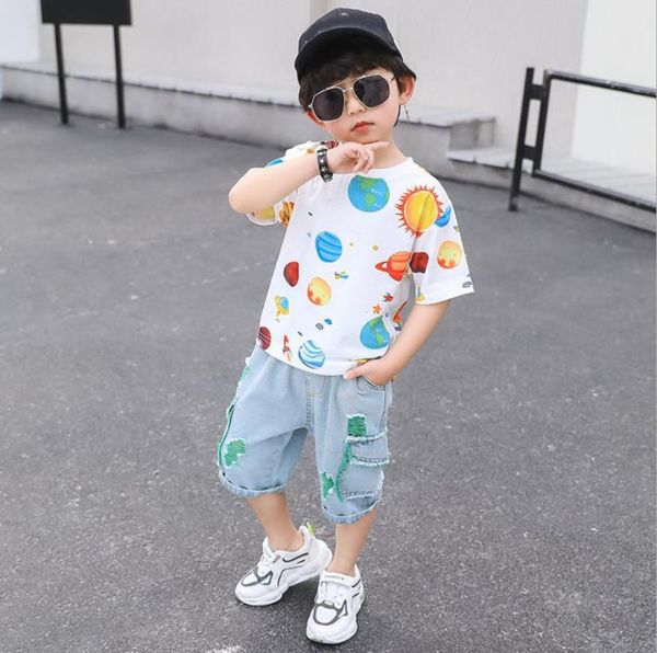 

children's clothing boys casual tide clothing boy short-sleeved suit 2020 summer new kids planet t-shirt+denim shorts 2pcs set, White