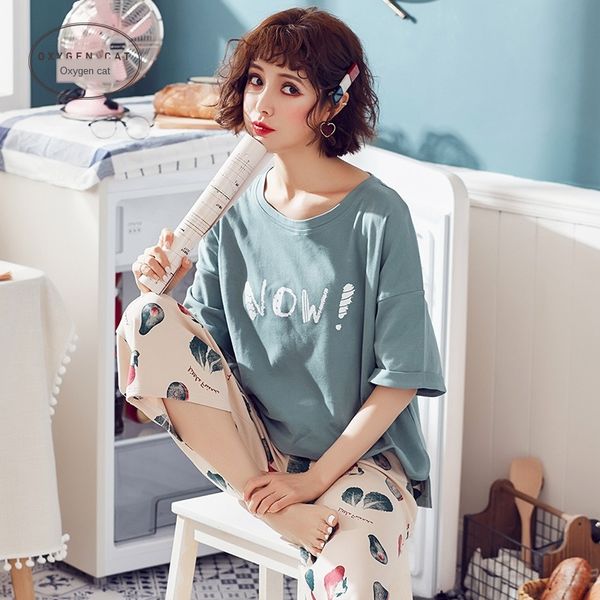 

2020 new pajamas women's spring and summer cotton short sleeve korean cartoon cute summer set home clothes home clothes set, Blue;red