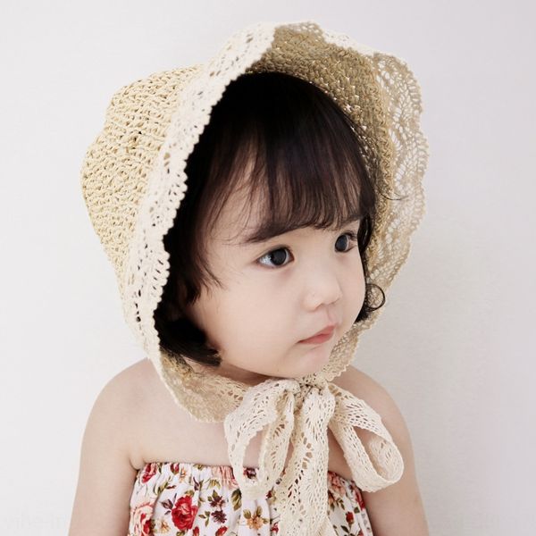 

new children's baby baby parent-child girl sunscreen straw lace straw hat lace korean foldable beach hat, Blue;gray
