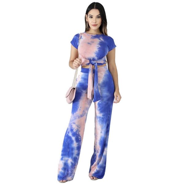 

tie-dye print tracksuit short sleeve bandage t-shirt crop + pants leggings 2 piece women set lace up t-shirt outfits suit clothing s-xl, White