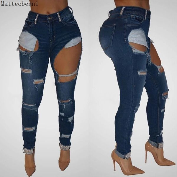

ripped hole jeans for women clothes high waist jeans plus size club vintage pencil autumn pants denim trousers, Blue