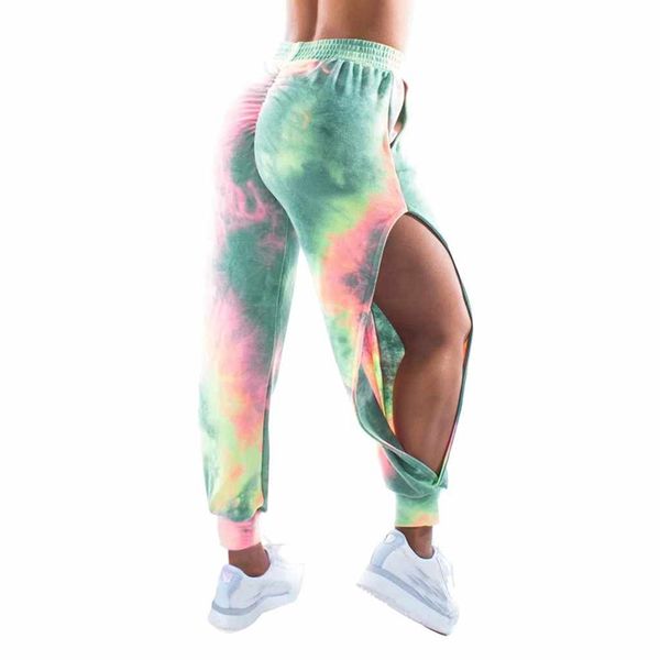 

ladies tie-dye sports pants high waist summer side split hip lifting pants casual ladies running yoga, White;red