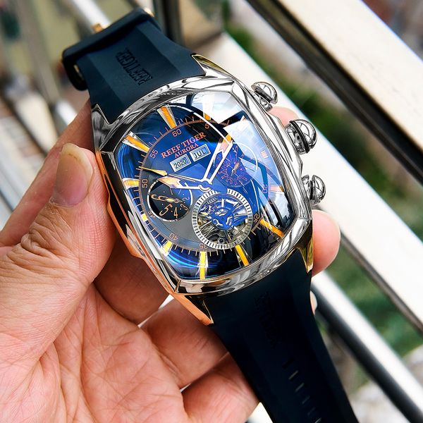 

reef tiger/rt designer sport watches with tourbillon stainless steel rubber strap blue dial automatic watches rga3069